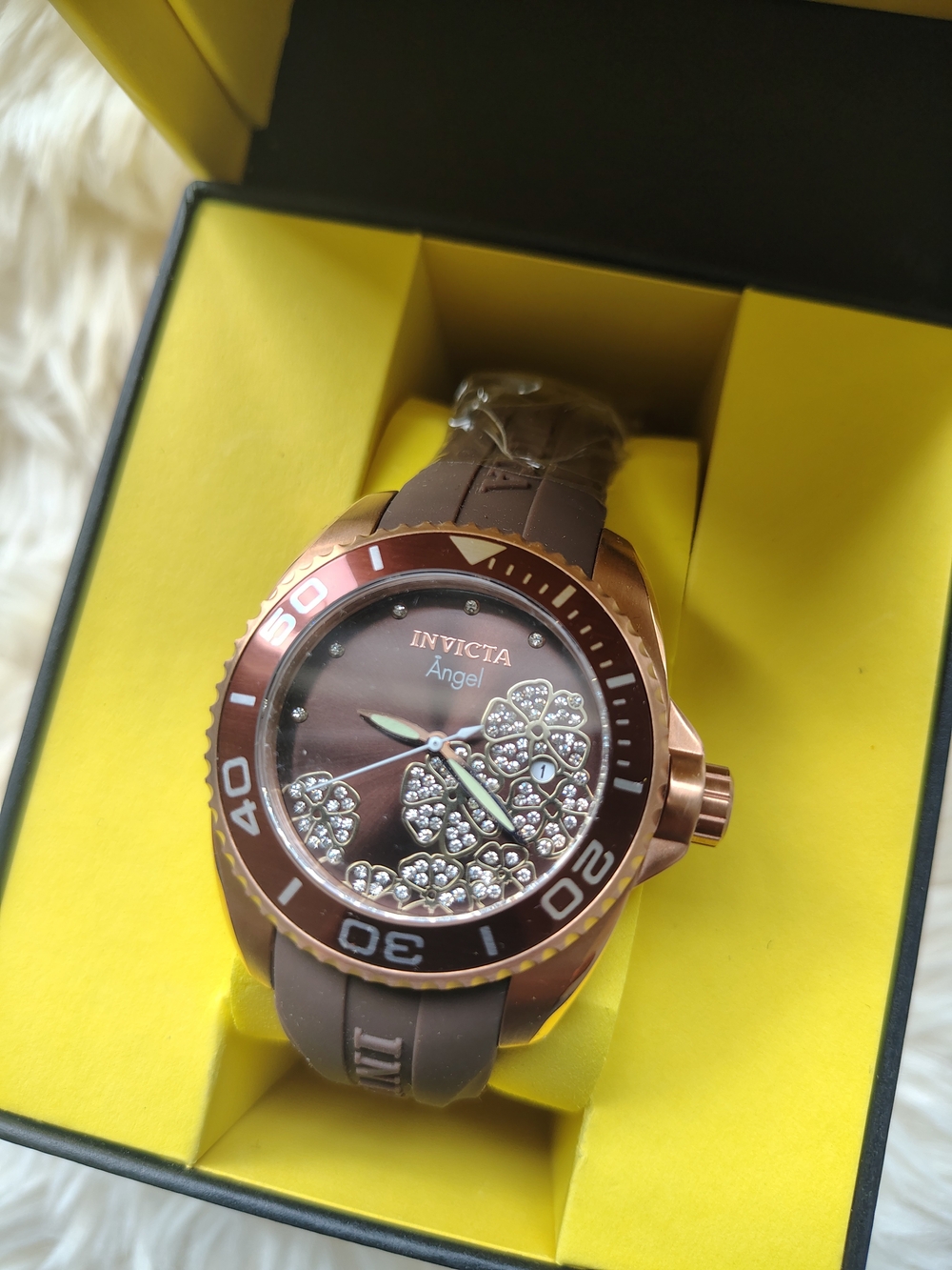Invicta Women's Angel Rose Gldtne Watch w Choc Bwn Dial and Crys Floral Acc NWT